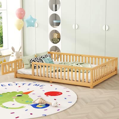 Natural Queen Size Pine Wood Floor Bed with Safety Guardrails and Door for Kids