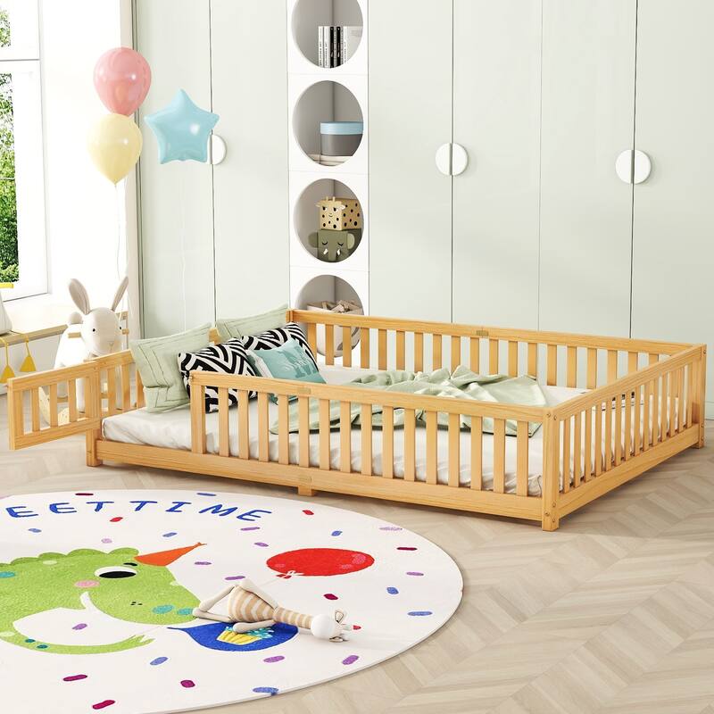 Pine Wood Floor Bed with Safety Guardrails and Door for Kids - Queen - Natural