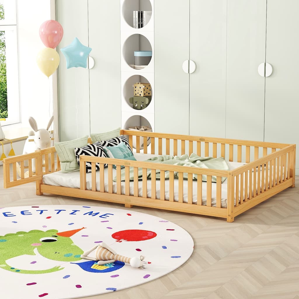 Queen Size Pine Wood Floor Bed with Safety Guardrails and Door for Kids, Boys, Girls, Bedroom