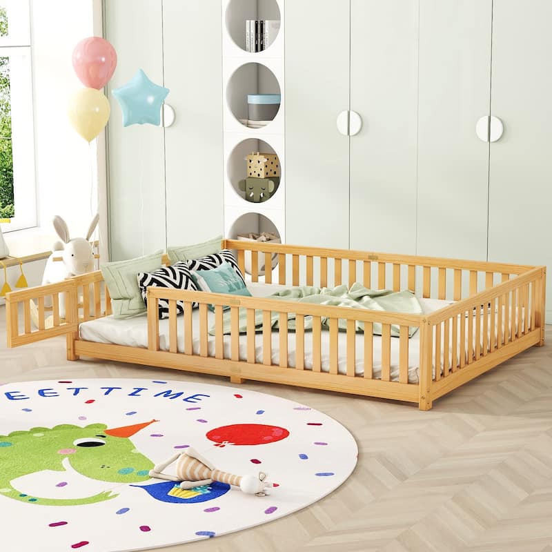 Queen Size Pine Wood Floor Bed with Safety Guardrails and Door - Queen - Natural