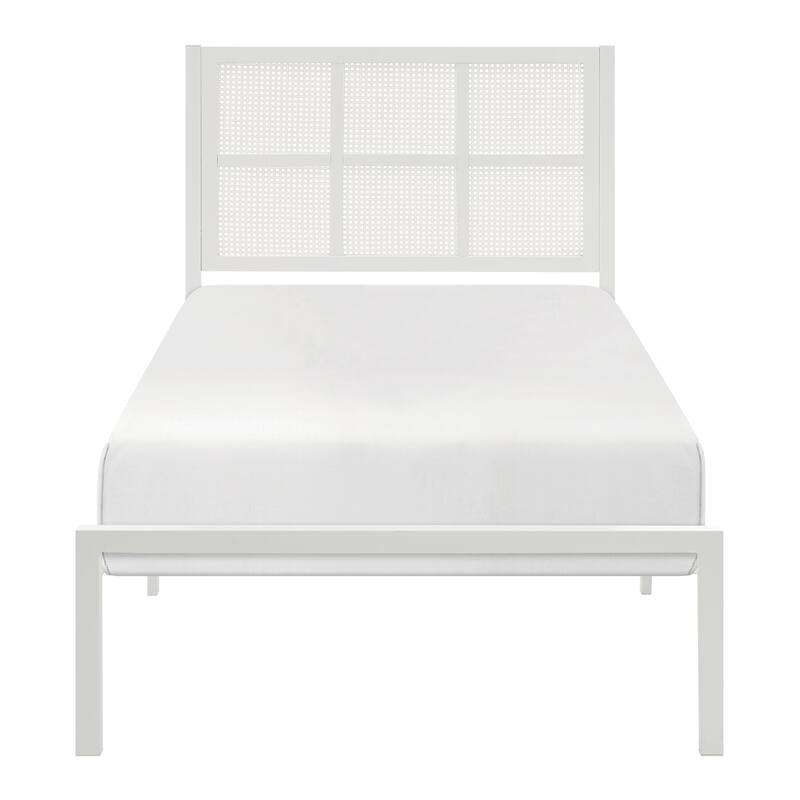 Queen/Full/King/Twin Platform Bed with Faux Cane Headboard, Metal Frame, and Coastal Design.