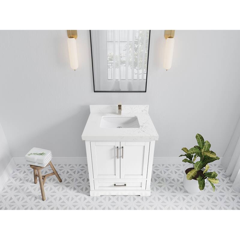 Willow Collection 30 in W x 22 in D x 36 in H Reeded Boston Single Bowl Sink Bathroom Vanity with Quartz or Marble Countertop - 2"Empira White - White