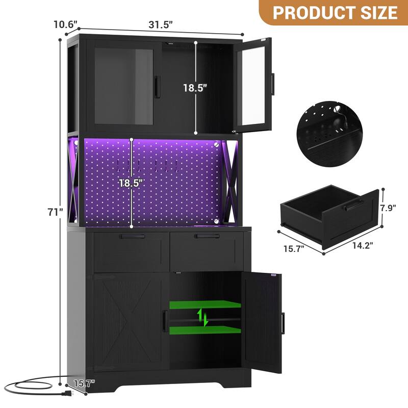71" Kitchen Pantry Storage Cabinet with LED Light & Power Outlet, Freestanding Buffet Cabinet with Microwave Stand and Doors