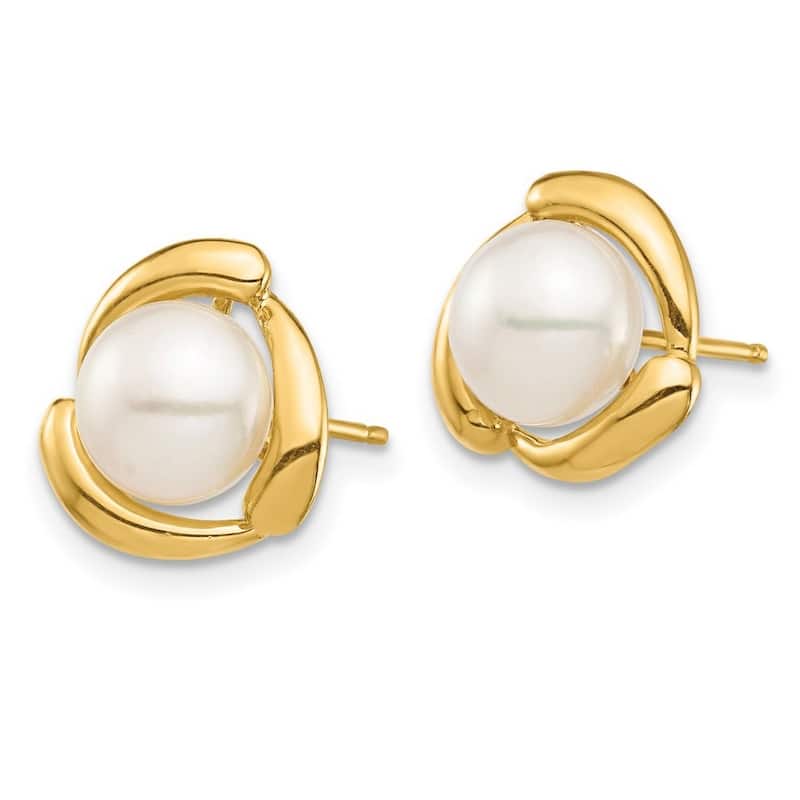 Curata 14k Yellow Gold 7-8mm White Button Freshwater Cultured Pearl Post Earrings (10.82x10.54mm)