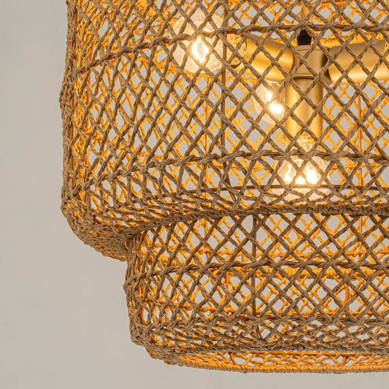 Clair 4-Light Rattan Hemp Tiered Pendant, Coastal Boho - Handwoven - 20" Wide