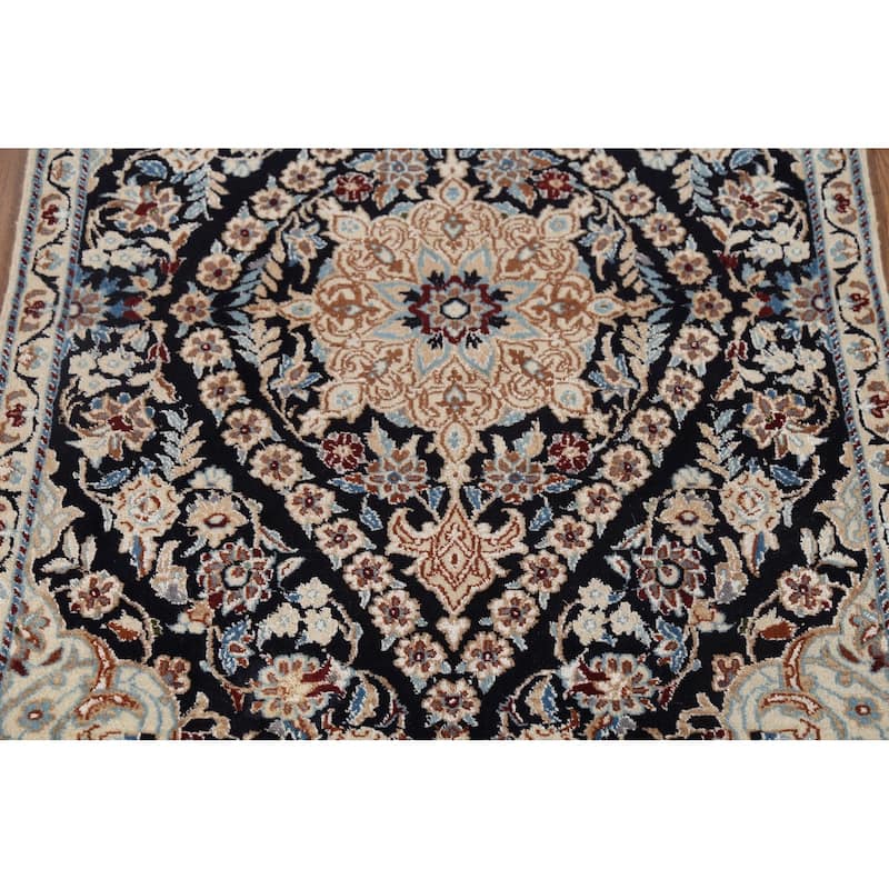 Dark Navy Blue Floral Nain Persian Accent Rug Handmade Wool Carpet - 2'11"x 4'4"