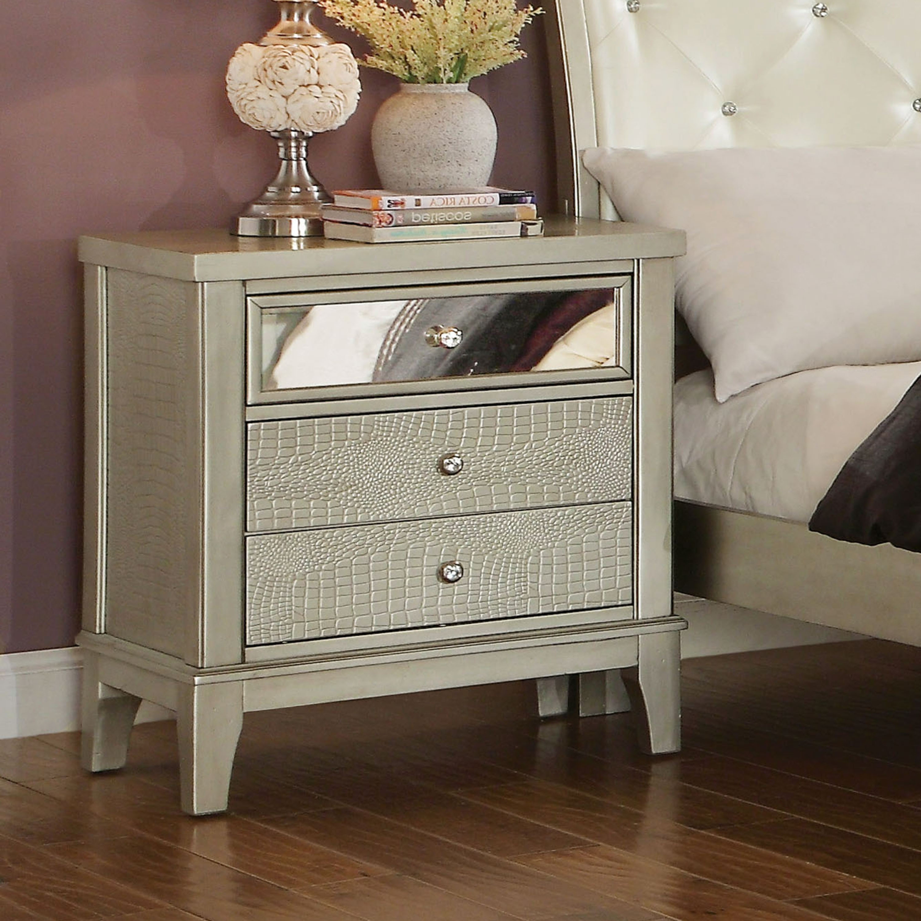 Shop Furniture Of America Livo Transitional Silver Solid Wood 3 Drawer Nightstand Overstock 21906774