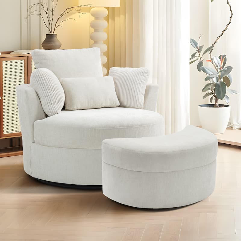 41" W Oversized Accent Barrel Swivel Chair with Moon Storage Ottoman - Set of Chair with Ottoman - Beige Chenille/Corduroy Pillows
