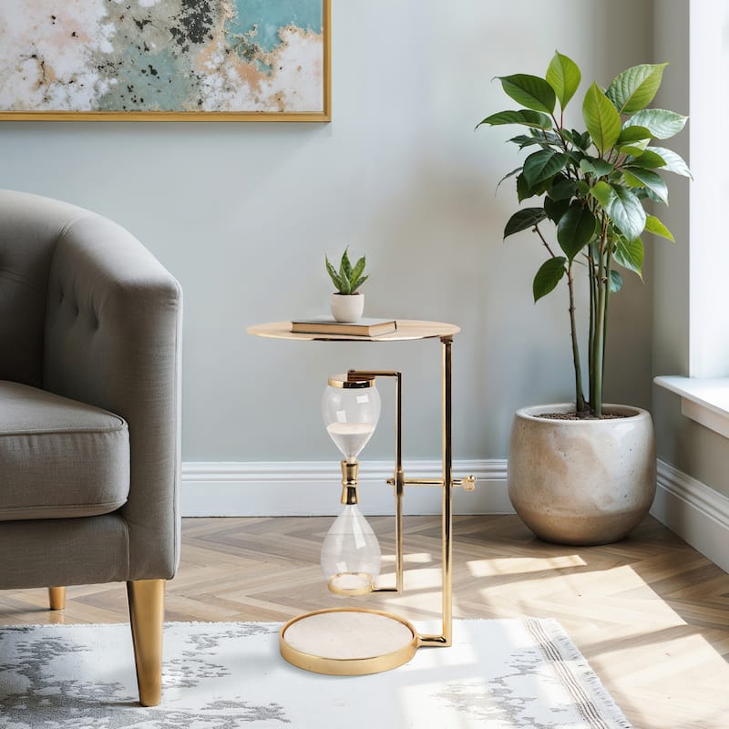 Metal Glass Accent Side Table Hourglass Base Round Design Home Decor - 16" x 16" x 23" - Silver/ Black