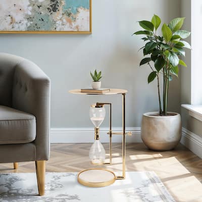 Metal Glass Accent Side Table Hourglass Base Round Design Home Decor - 16" x 16" x 23"