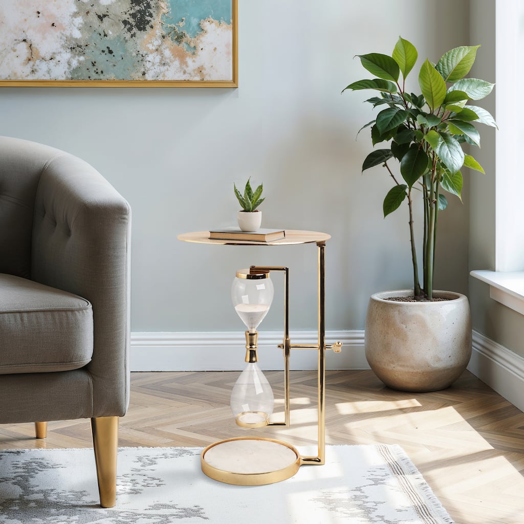 Metal Glass Accent Side Table Hourglass Base Round Design Home Decor - 16" x 16" x 23"