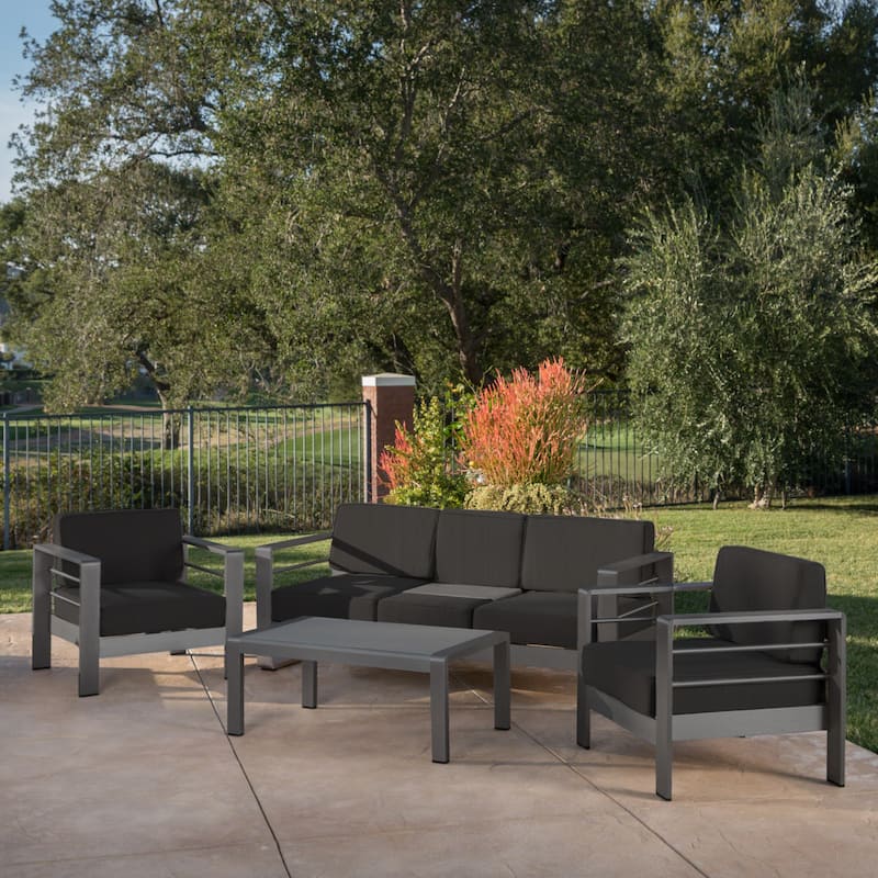 Cape Coral Outdoor Aluminum Tempered Glass 4-piece Sofa Chat Set with Cushions by Christopher Knight Home - Grey