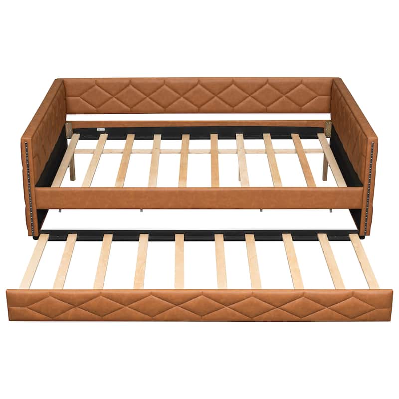 Full XL Size Upholstered Daybed with Trundle Bed and LED Armrests, Rhombic Blocks Frame Sofa Bed, U-shape Bed Frame