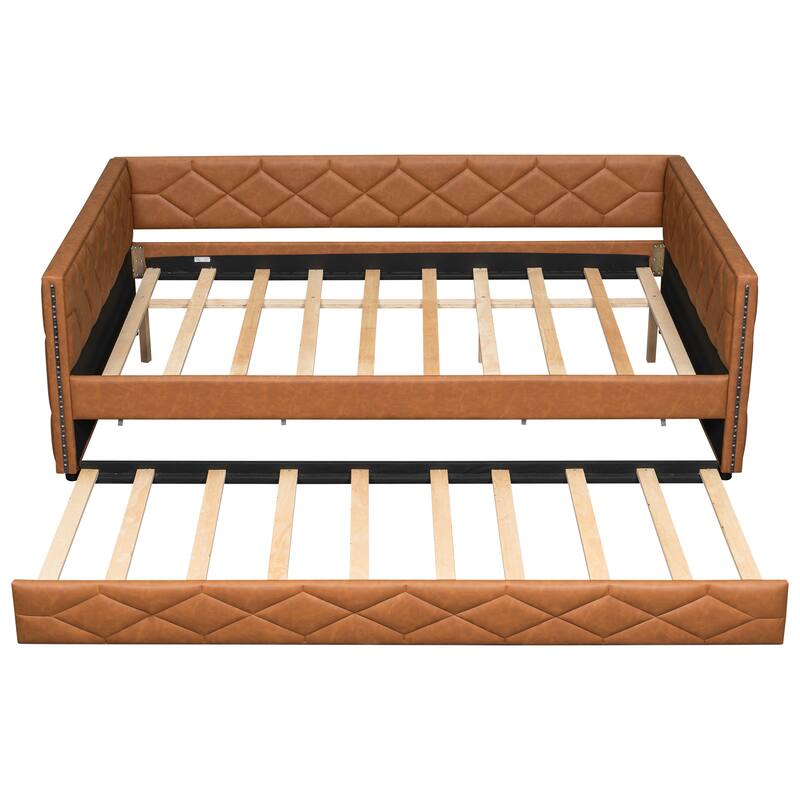 Full XL Upholstered Daybed with Trundle and LED Armrests