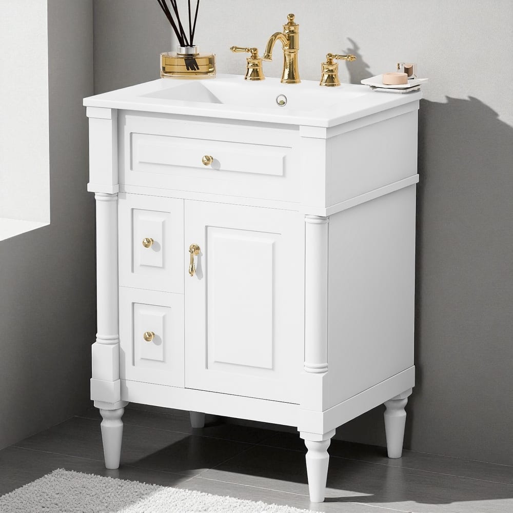 24" Freestanding Bathroom Vanity with Ceramic Sink, Solid Rubberwood Frame, Flip Drawer & Adjustable Shelf