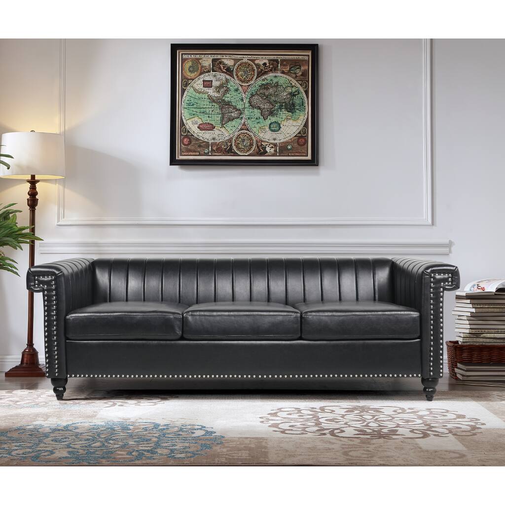 82.5" Studded PU Leather 3-Seat Sofa with Tufting.