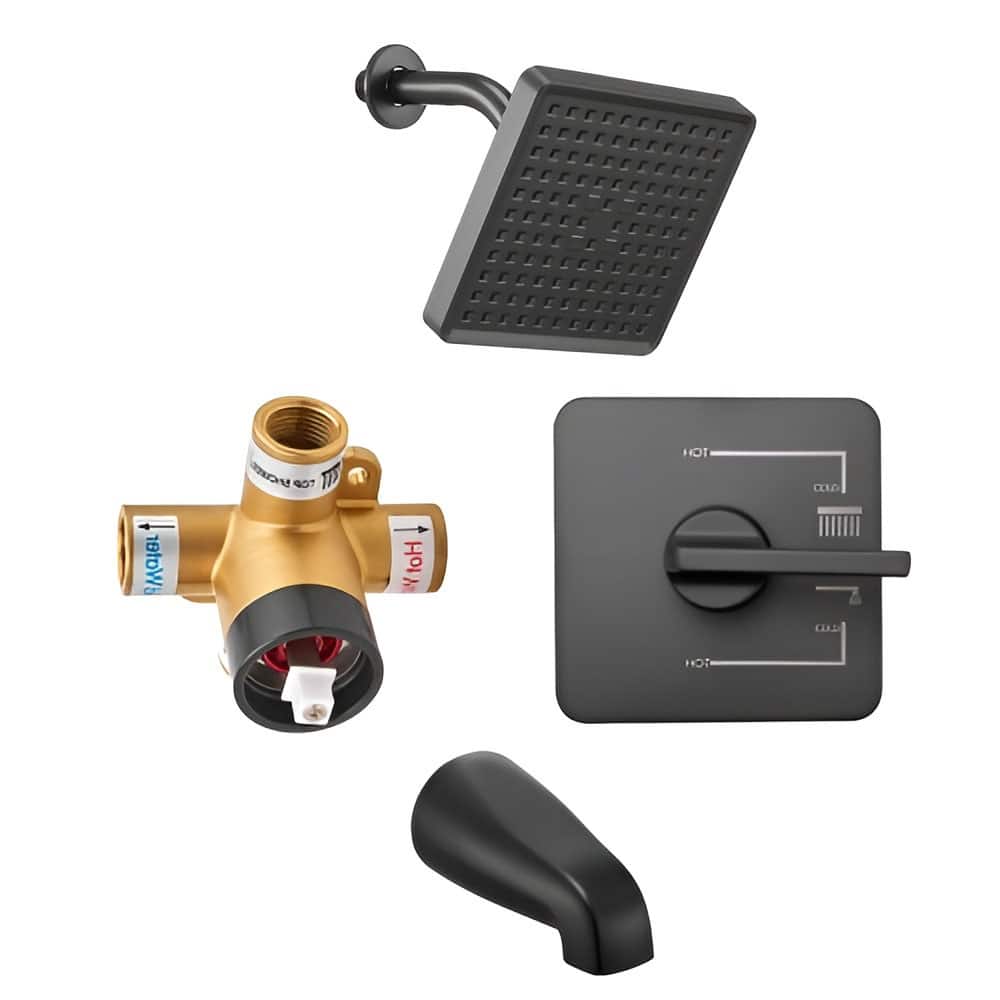 Matte Black ABS and Stainless Steel 4-Piece Tub and Shower Faucet Set with 6-Inch High-Pressure Head - 6 x 6 in