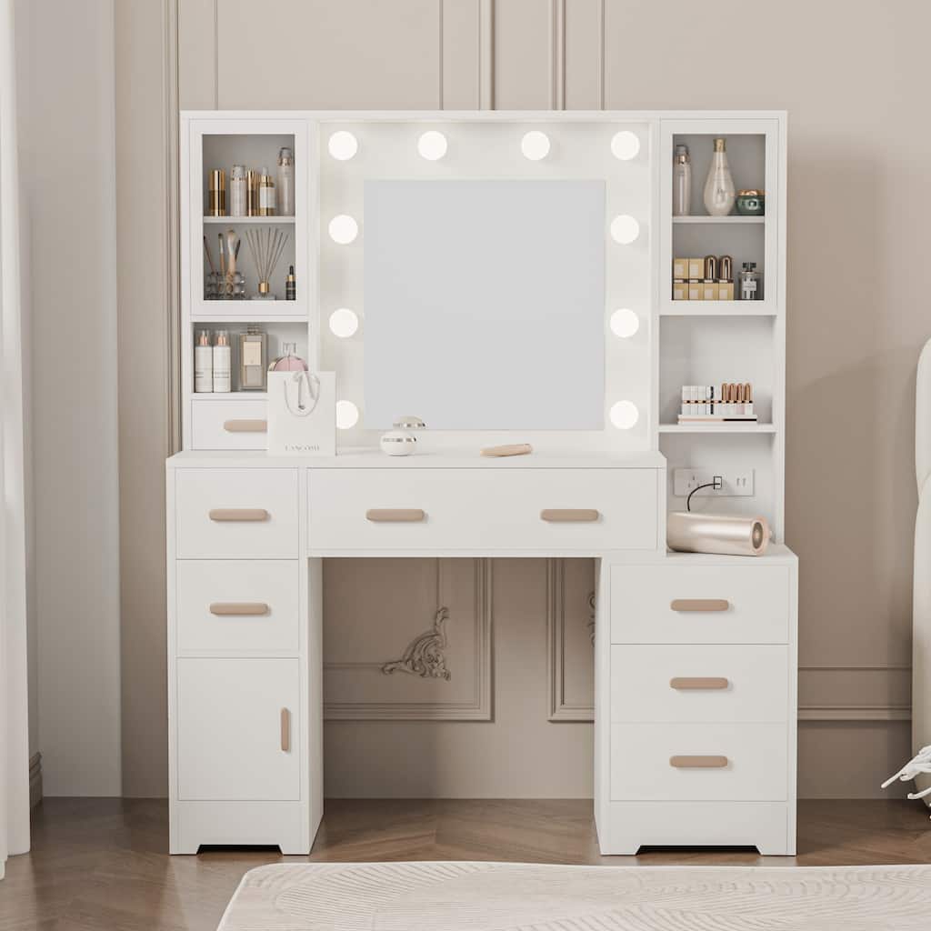 XINMICS Makeup Vanity Dressing Table, Vanity Desk with Mirror and Lights and Charging Station with 7 Drawers & 3 Cabinets