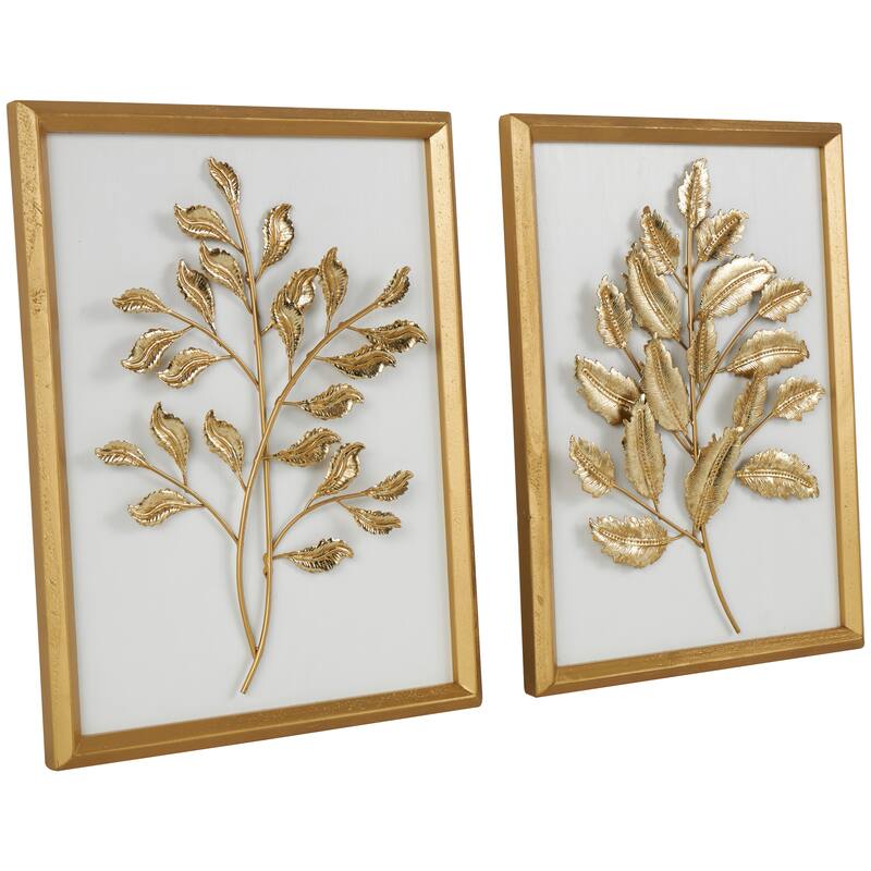 Gold Wood 3D Leaf Home Wall Decor with Beveled Frame (Set of 2)