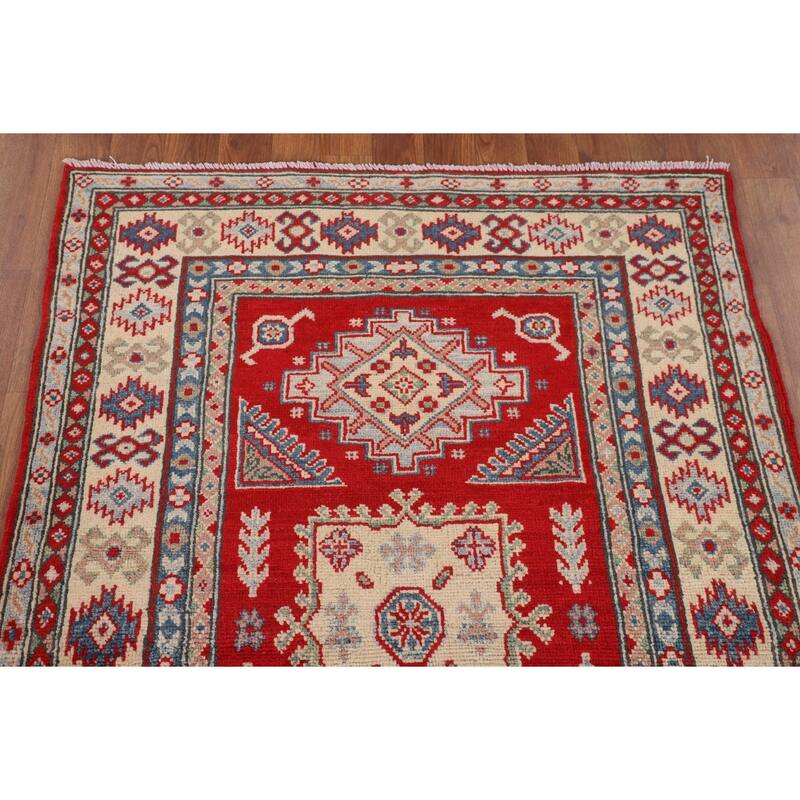 Red Geometric Kazak Accent Rug Hand-Knotted Wool Carpet - 3'4" x 4'11"