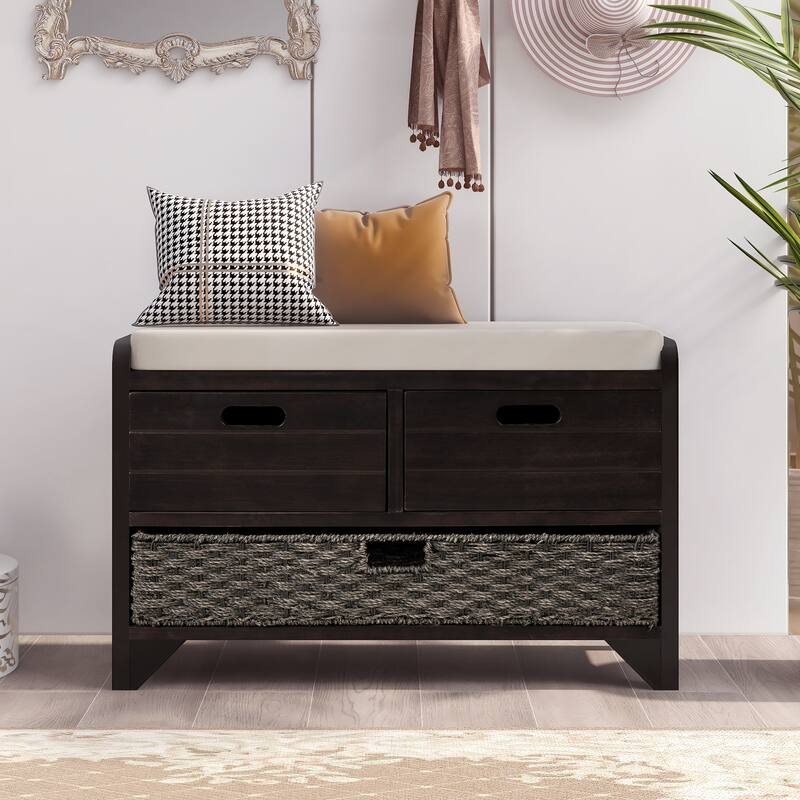 Rustic Storage Bench with Removable Cushion, Basket & Drawers - Perfect for Organized Spaces