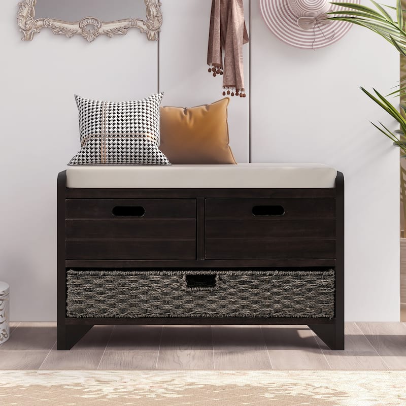 Storage Bench with Removable Basket and 2 Drawers, Fully Assembled Shoe Bench with Removable Cushion - Espresso
