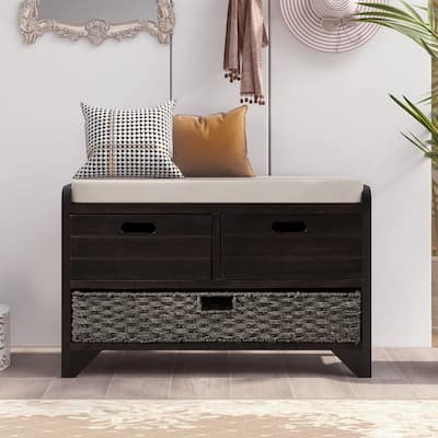 Wood Storage Bench with 1 Removable Basket & 2 Drawers, Fully Assembled Shoe Stool 32" Entryway Bench with Removable Cushion