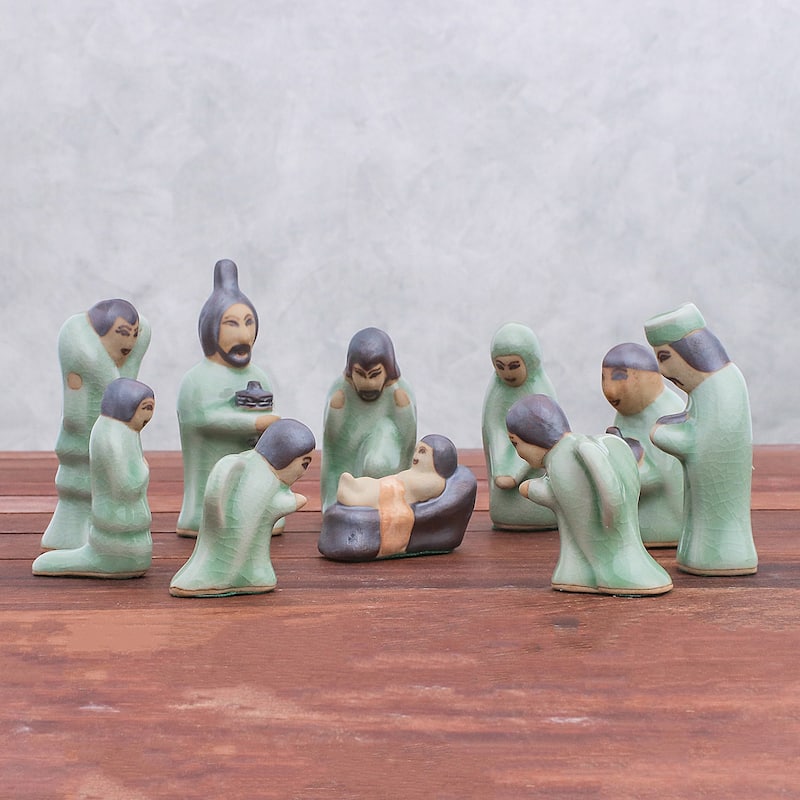 Novica Handmade Nativity Of Love Celadon Nativity Scene (10 Pcs)