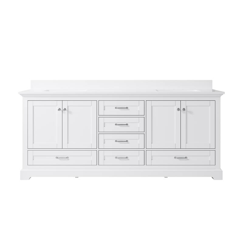 80''W Solid Wood Frame Bathroom Vanity With Pure White Culutered Marble Countertop And Double Sink