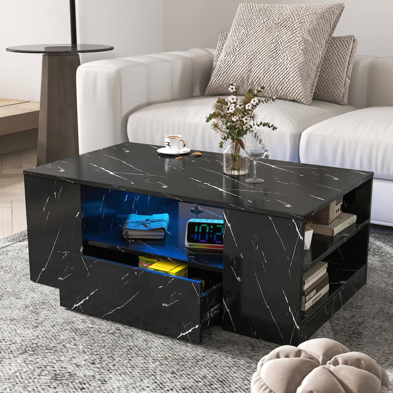 14.57" High LED Coffee Table ,Modern Coffee Tables Center Storage Table with 2 Drawers and Open Side Shelf
