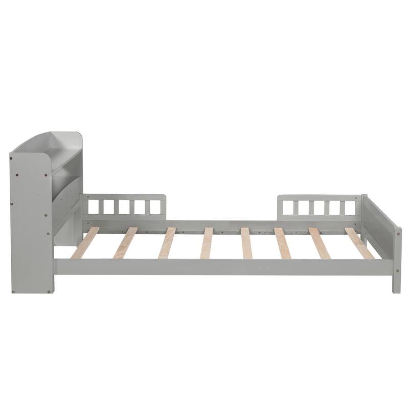 Twin Size Pine Bed w/ Bookcase Headboard ,LED Sensor Light, Guardrails