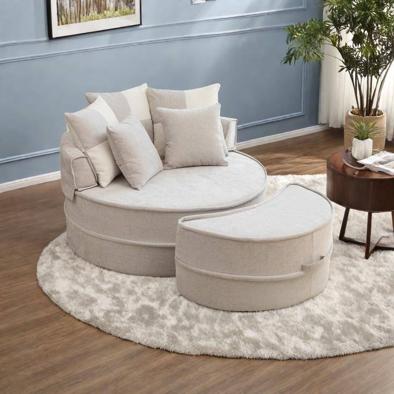 Chenille Oversized Round Barrel Chair with Ottoman, 5 Pillows, and No-Sag Rebound Sponge - Gray