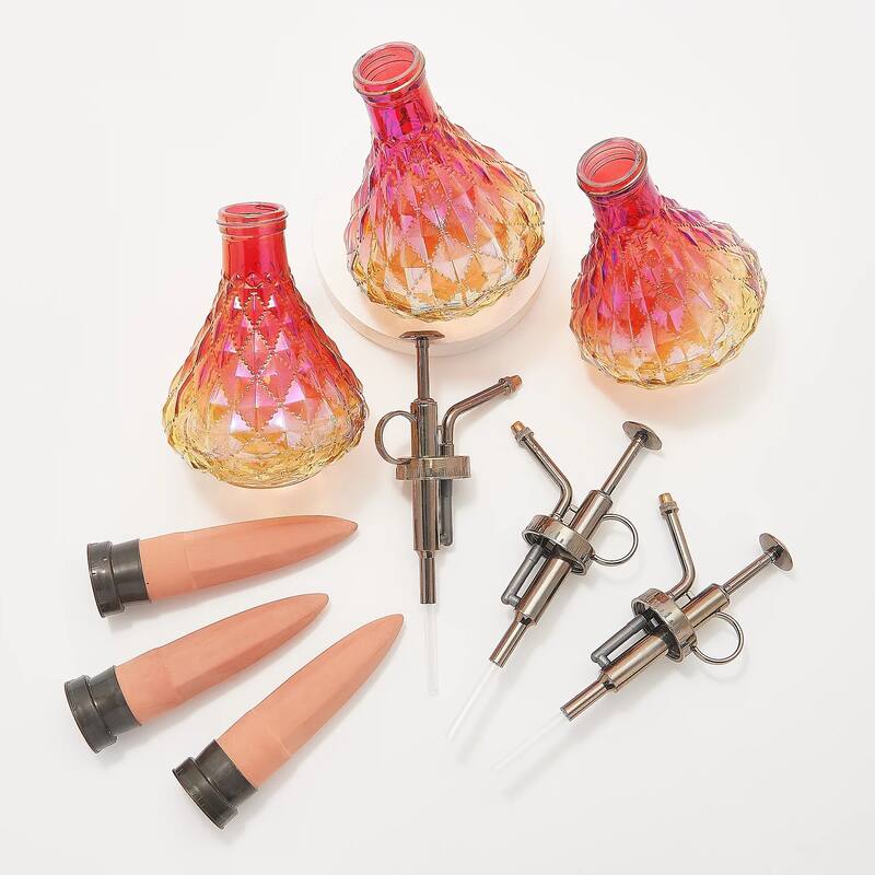 9 - PC Iridescent Glass Watering Globe w Coordinated Mister, Pink/Orange