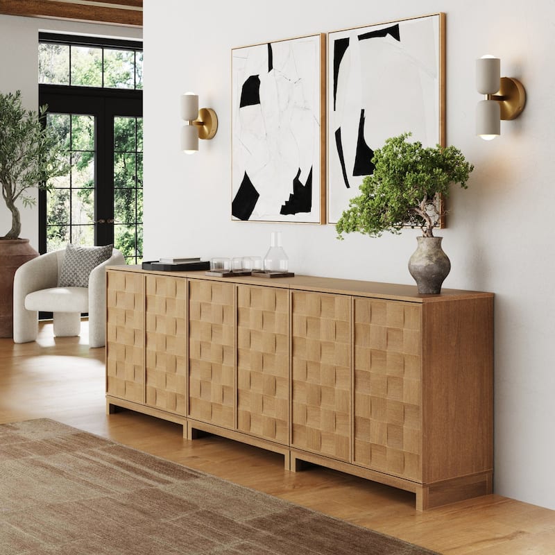Paige Mid Century Modern Bar Cabinet Credenza, Light Wood Accent Cabinet with Sculpted Doors and Interior Adjustable Shelf