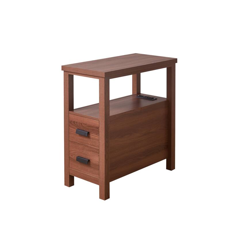 End Table with Charging Station,Side Tables with USB Ports & Outlets,Side Table with 2 Drawers, Small Wood Bedside Table