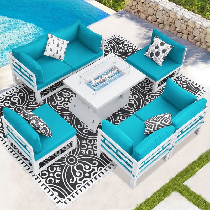 FINCATI Modern 7 Piece White Aluminum Outdoor Furniture Set with Propane/Natural Gas Firepit Table