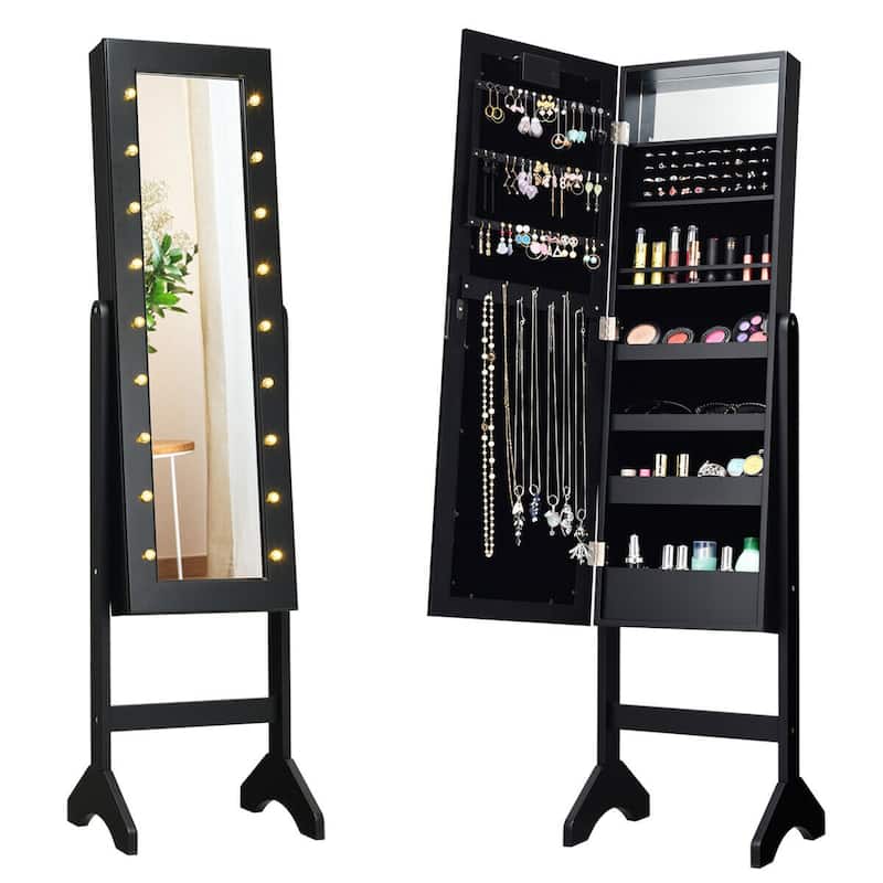 LED-Lighted Standing Jewelry Armoire Storage Cabinet with Full Length Mirror - 14" x 12.5" x 57" (L x W x H)