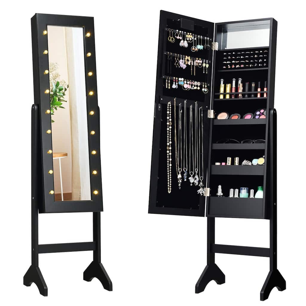 LED-Lighted Standing Jewelry Armoire Storage Cabinet with Full Length Mirror - 14" x 12.5" x 57" (L x W x H)