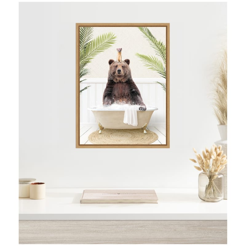 Kate and Laurel Sylvie Bear and Weasel in Palms Bathtub Framed Canvas by Amy Peterson