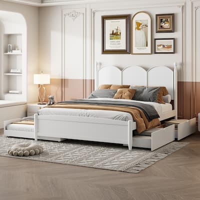 Queen Size Platform Bed with Vintage Headboard, Multifunctional Storage Bed Frame with Twin XL Size Trundle & 2 Drawers