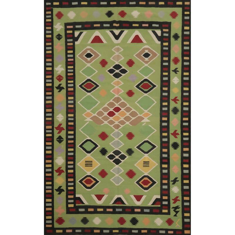 Hand Woven Oriental 100% Wool Carpet Southwestern Tribal Green Kilim Area Rug - 13' 4'' X 8' 5''