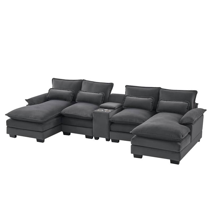 123'' Modern U-Shaped Sofa with Console, Cup Holders and USB Ports