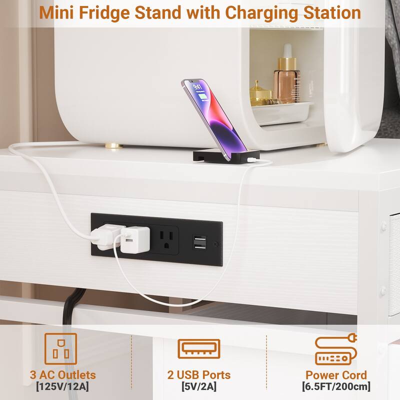 Mini Fridge Stand with Charge Station, Side/ End Table with Storage Drawers and Rolling Cabinet