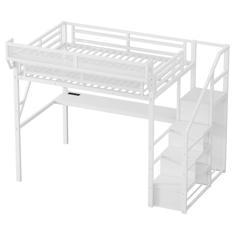 Full Loft Bed with Desk and Charging Station, Full Size Metal Loft Bed with Stairs and Light for Kids Teens
