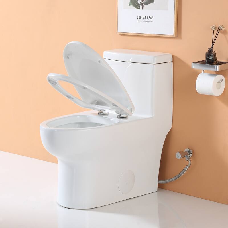 HOROW 1-Piece 1.28 GPF Compact Elongated Toilet in White with Comfort Height and Soft-Close Seat Included - N/A