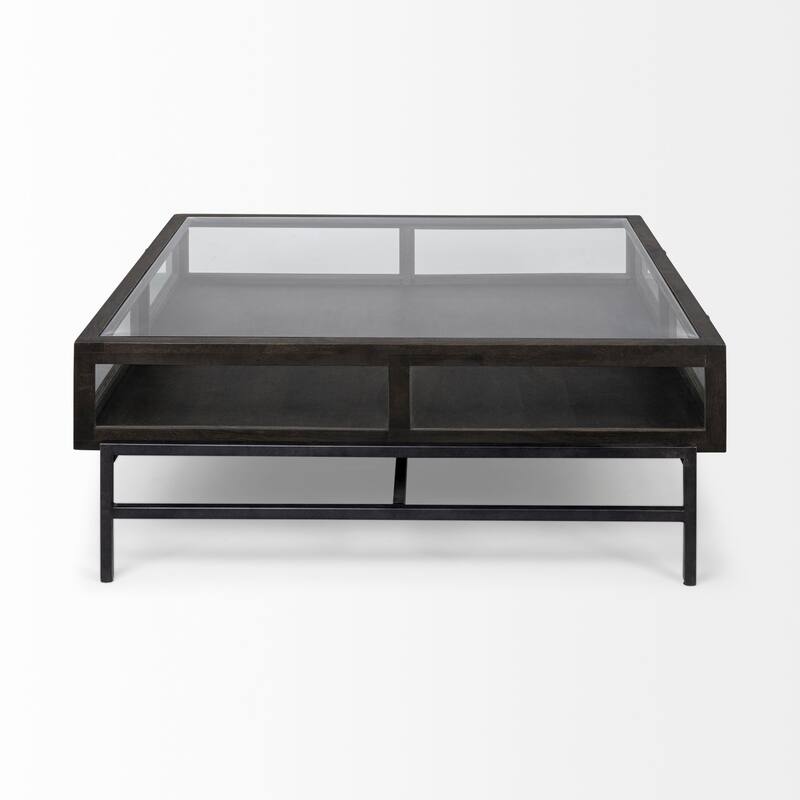 Arelius Light Brown Solid Wood w/ Black Iron Base Square Display Coffee Table
