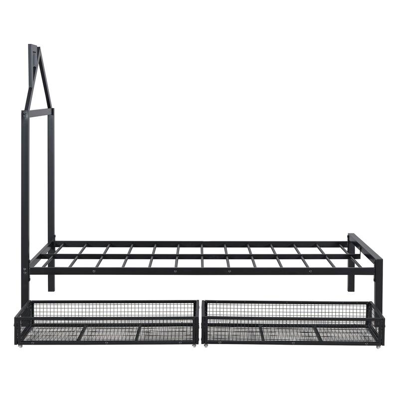Twin Size Metal Platform Bed with House Design and 2 Storage Drawers