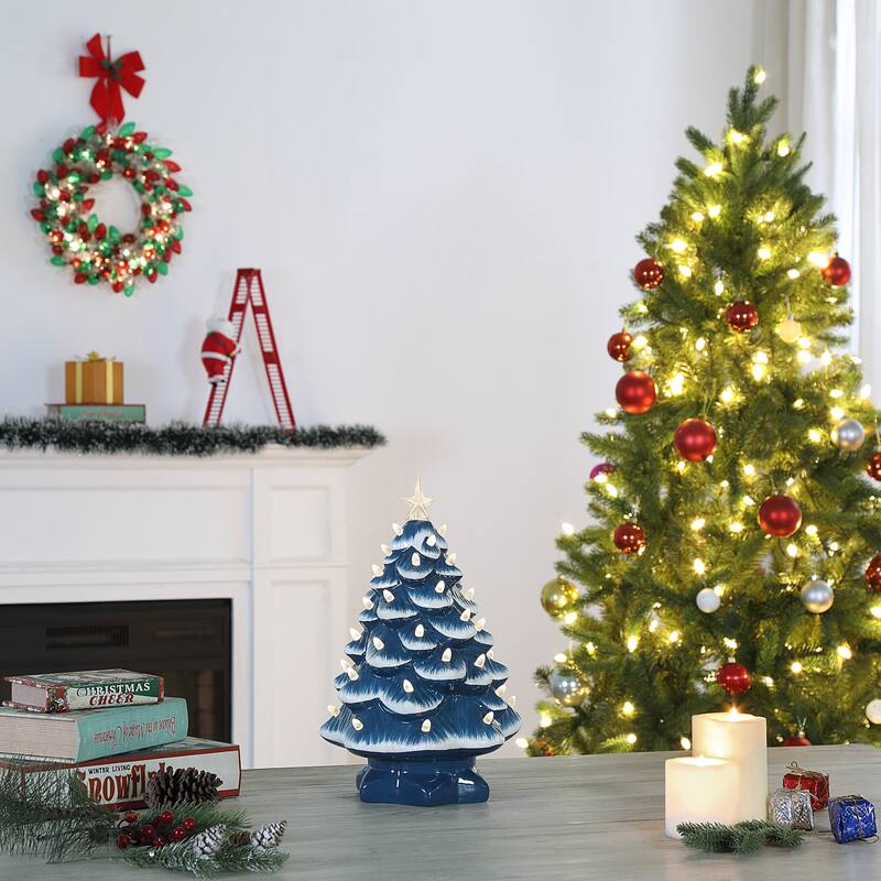 14 in. Nostalgic Ceramic Tree - Blue with White Bulbs