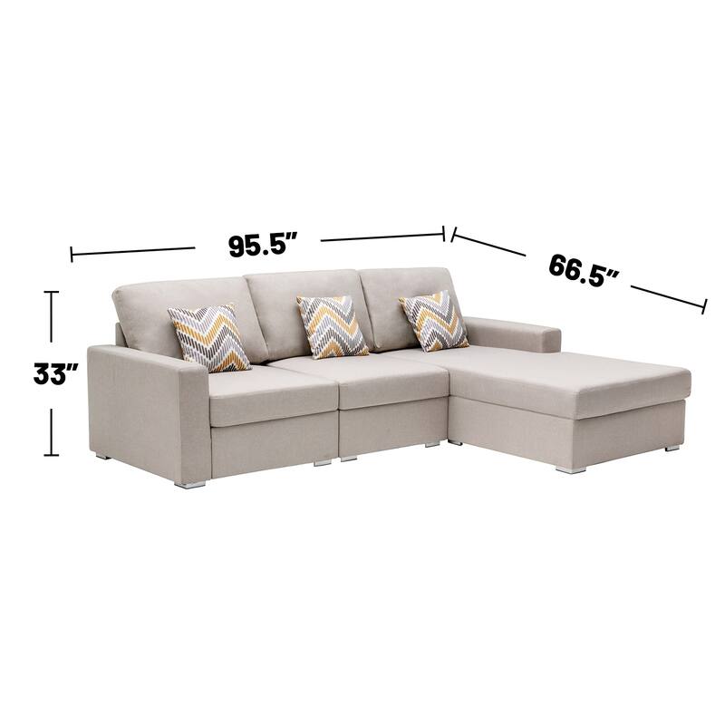 Linen Fabric 3 Piece Reversible Sectional Sofa Chaise with Pillows and Interchangeable Legs in Beige