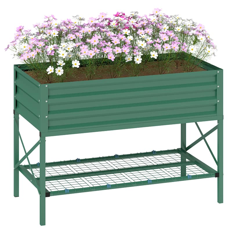 Outsunny Raised Garden Bed with Galvanized Steel Frame, Storage Shelf and Bed Liner, Elevated Planter Box